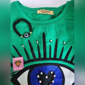 Evil Eye Graphic Tee + Matching Black Beaded Evil Eye Bracelet Bundle Trendy